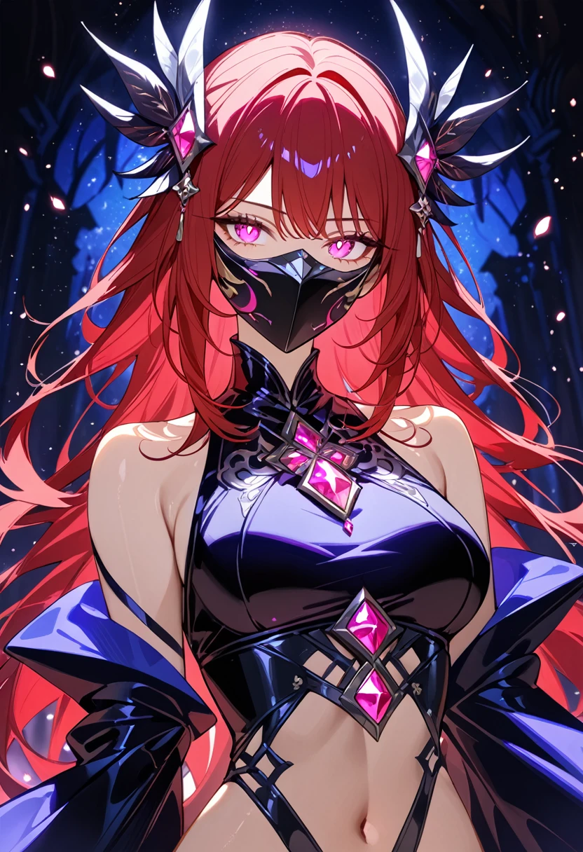 1girl,nepotism, renascent elements, red hair,glowing eyes,magenta gems around the chest,hair decoration ,light particles,dark fantasy, full face mask, Splashmotion,(masterpiece:1.4),(best quality:2),(very aesthetic),newest,xeal