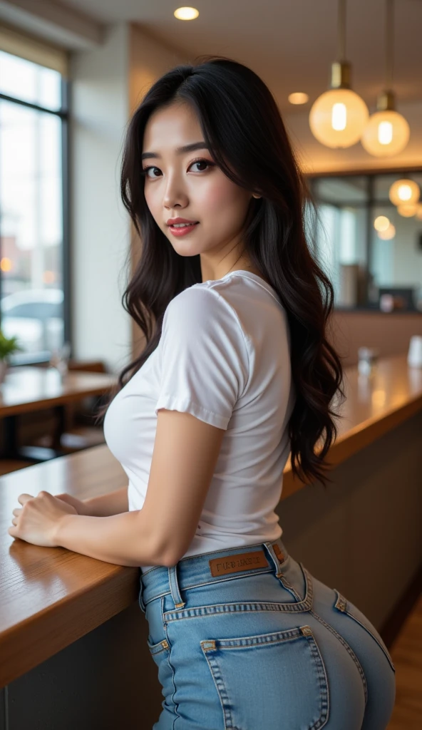  A full-body shot of a 27 year old busty Asian woman ， She has long straight black hair ，Golden highlights， beautiful detailed brown eyes ，Perfectly curved fine eyebrows ，Long black eyelashes。She has a full chest ，Dark skin，Thick thighs。She is wearing sexy jeans and a white t-shirt with black stilettos。 She's standing in a modern restaurant with white walls and ceilings， The back of her body leaning forward on the bar 。（ best quality ，4K， high resolution：1.2）， rich in detail ，realistic， Photorealistic ， soft lighting， beautiful facial features，Elegant and seductive pose， A gentle smile，Warm tones。 highlights her big butt 。