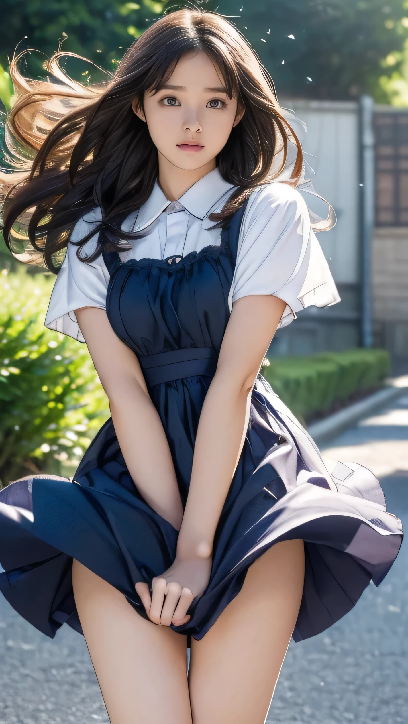 (((Innocent and cute ))), ( Strong wind makes her dress flutter :1.4), (( I can see your underwear :1.5)), Beautiful Bob Hair, Submerged , Beautiful Eyes, super high resolution , (( Thin thighs :1.3, Inner thigh:1.4)), Slim body , ((Tight waist:1.2)), ( Japanese Idol, Baby Face, Beautiful Girlfect anatomy:1.2), Beautiful breasts, ( highest quality、 highest quality、 masterpiece 、 super high resolution 、Reality:1.37), ( meticulous eyes and face :1.3、 Professional Photography Tips )、(Good Hand、The right action:1.1)、(( Beautiful long hair and dress fluttering in the wind:1.4))