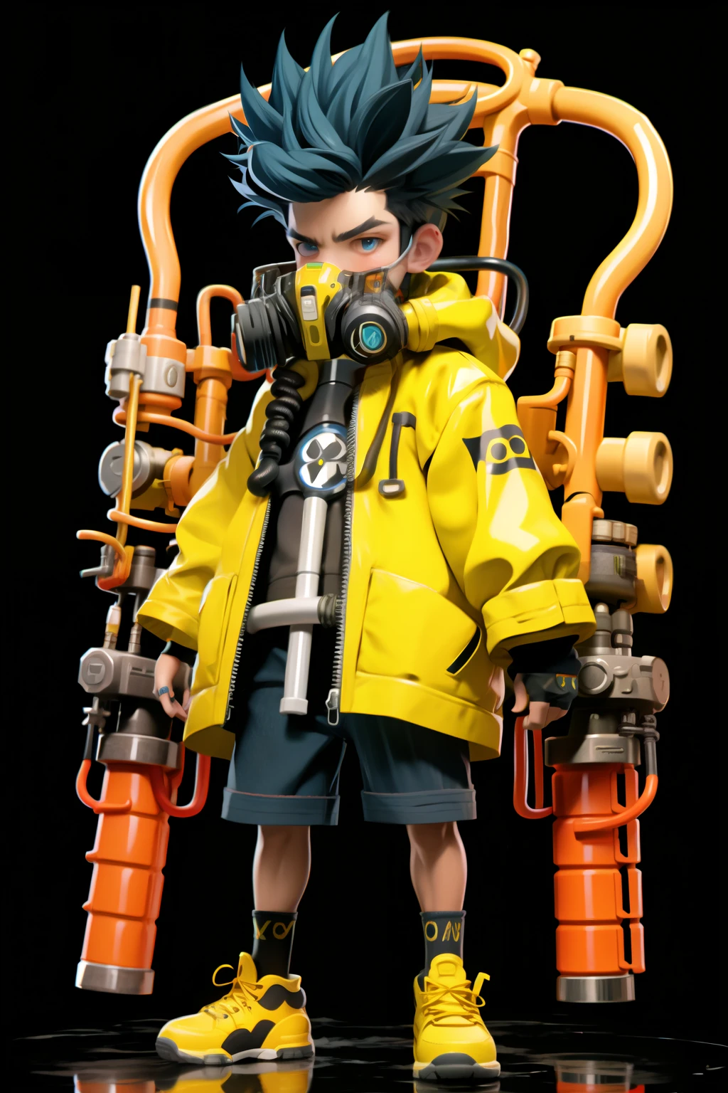 BJ_Monster, solo, looking_at_viewer, blue_eyes, simple_background, shirt, black_hair, 1boy, blue_hair, standing, jacket, full_body, male_focus, multicolored_hair, shoes, shorts, mask, black_shorts, ring, spiked_hair, black_background, smoke, cable, yellow_jacket, male_, gas_mask, tube, respirator,
cinematic lighting,strong contrast,high level of detail,Best quality,masterpiece,White background,