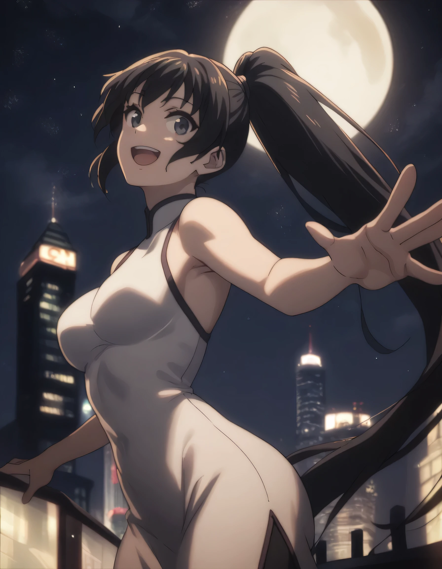 score_9, score_8_up, score_7_up, gsfghtr, long ponytail hair, black hair, white thin bodycon dress, 1girl, sweet smile, open mouth, night, , city view, moon, starry sky, armpit, looking the sky