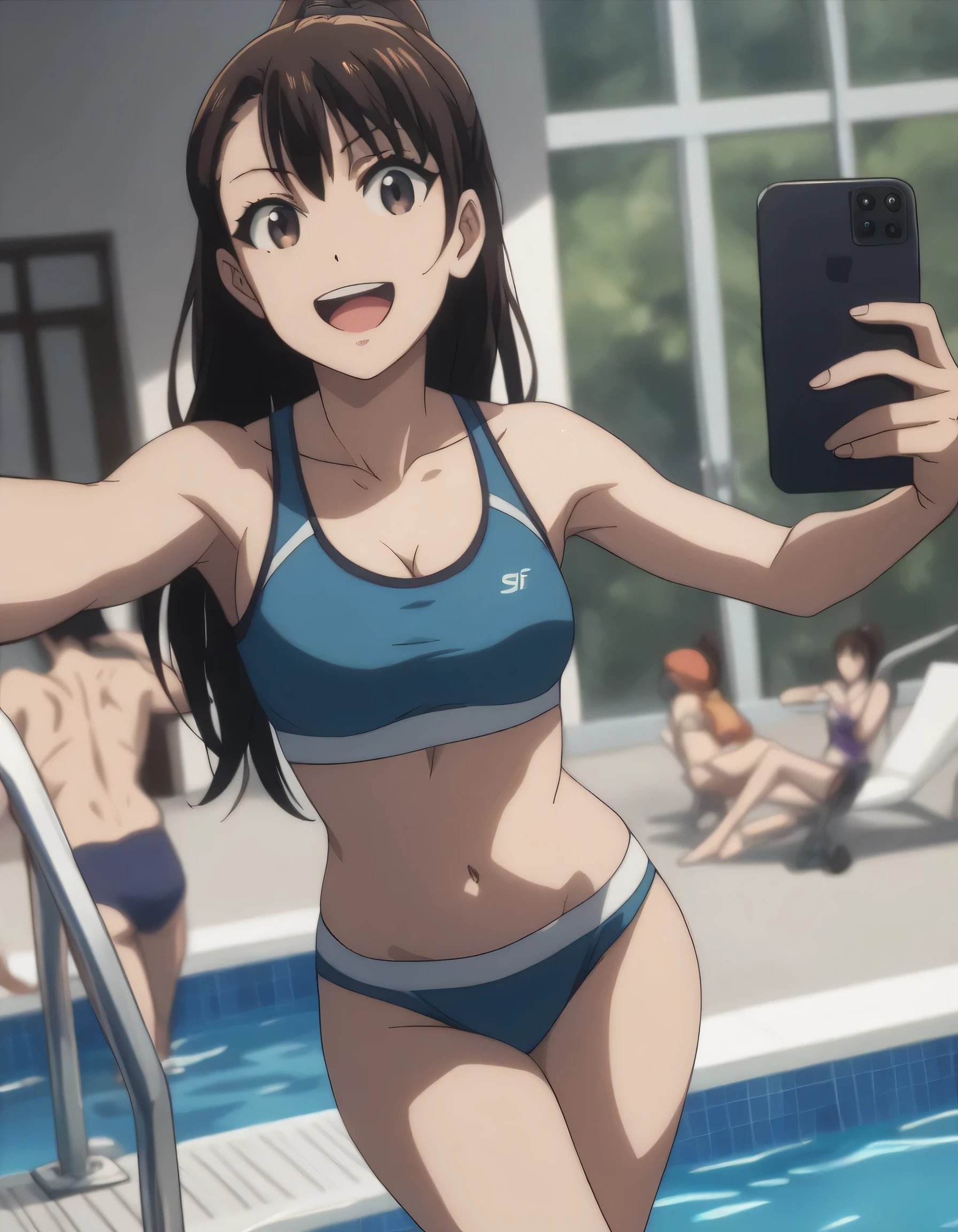 score_9, score_8_up, score_7_up, gsfghtr, loose long hair, sport bra, sport panties, 1girl, smile, open mouth, selfie, swimming pool