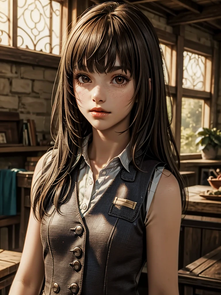 1girl, ((Caucasian)), white girl, older teen, small slender body, ((vest)), dress shirt, long brown hair, bangs, (brown eyes), ((textured bangs)), full lips, (masterpiece, best quality)
