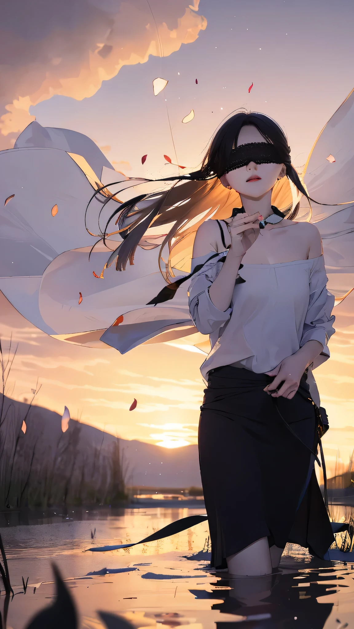 masterpiece,high quality,1girl,solo,long hair,black hair,(blindfold:1.1),jewelry,earrings,ray tracing,((breeze)),flying splashes,flying petals,wind,(water bloom),(delicate glow),
BREAK
(breeze),long Flowers meadow,((sunset)),(less stars form a circle),randomly distributed clouds,(rivers),(willows with branches falling into the water), turtle neck collar 