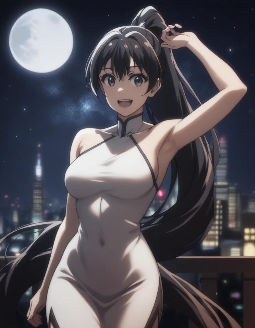 score_9, score_8_up, score_7_up, gsfghtr, long ponytail hair, black hair, white thin bodycon dress, 1girl, sweet smile, open mouth, night, , city view, moon, starry sky, armpit