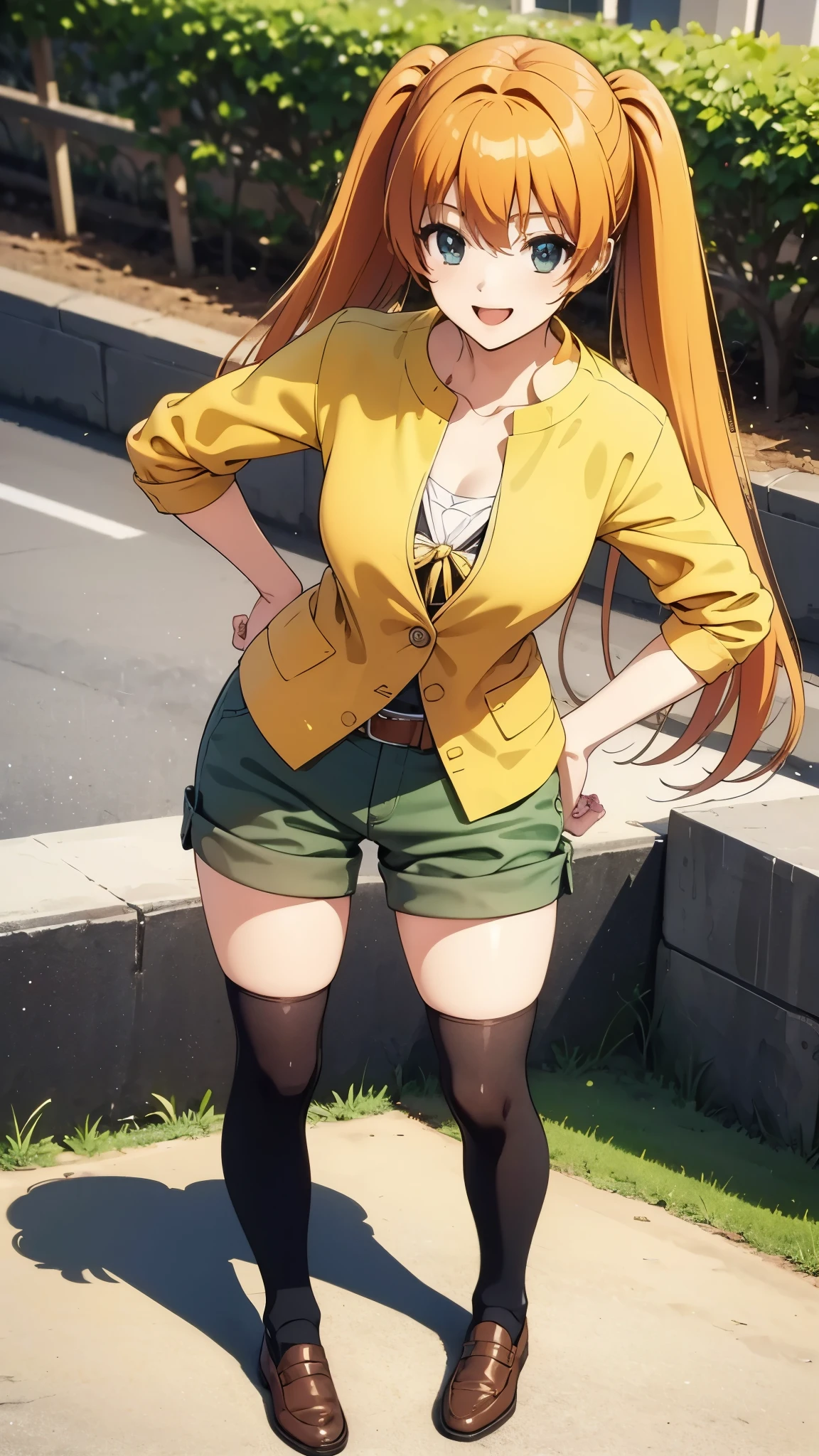 anime style, orange hair1:4, break high bridge1:8, BREAK super straight hair, BREAK black knee-high socks1:4 BREAK smile, BREAK long side twin tails1:6,BREAK yellow string bow1:2 break dark green shorts1:3, loafers1:2, standing, (best quality,4k,8k,highres,masterpiece:1.2),ultra-detailed,(realistic,photorealistic,photo-realistic:1.37),detailed face, detailed eyes, detailed lips, long eyelashes, extremely detailed facial features