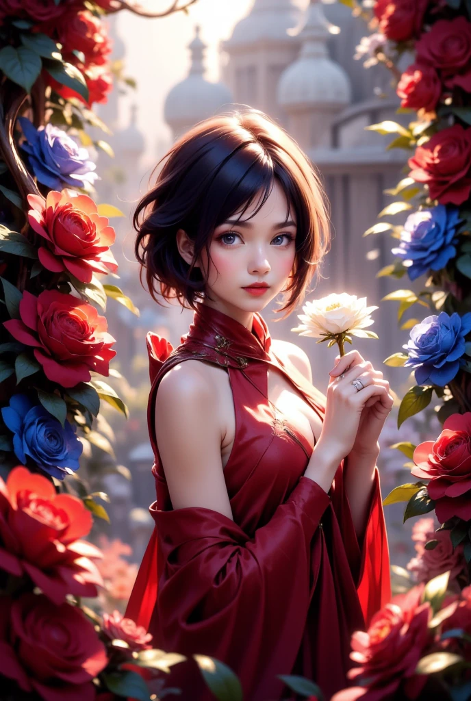 (masterpiece, of the highest quality, Best Quality, Official art, Beautiful and aesthetic:1.2), (1girl in:1.3), Extremely detailed,(Fractal Art:1.2), Colorful, highest details, 1woman, red dress, white rose, red rose, blue rose, Tangled rose vines, erotic:1.1, prisoner, castle, SFW