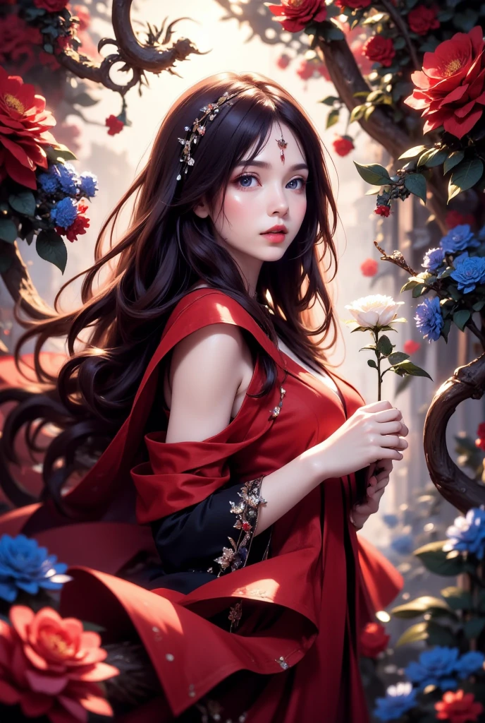 (masterpiece, of the highest quality, Best Quality, Official art, Beautiful and aesthetic:1.2), (1girl in:1.3), Extremely detailed,(Fractal Art:1.2), Colorful, highest details, 1woman, red dress, white rose, red rose, blue rose, Tangled rose vines, erotic:1.1, prisoner, castle, SFW