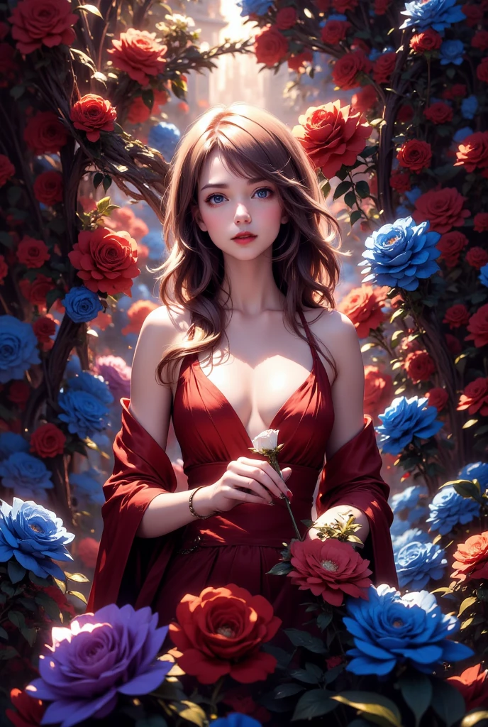 (masterpiece, of the highest quality, Best Quality, Official art, Beautiful and aesthetic:1.2), (1girl in:1.3), Extremely detailed,(Fractal Art:1.2), Colorful, highest details, 1woman, red dress, white rose, red rose, blue rose, Tangled rose vines, erotic:1.1, prisoner, castle, SFW