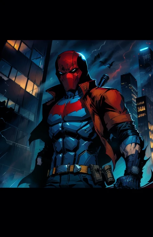 /imagine prompt: Title: "Red Hood: Jason Todd"Description:In the foreground, depict Jason Todd, also known as the Red Hood, standing confidently with a determined expression on his face. His anime-style appearance should feature sharp, angular features, piercing blue eyes, and a strong jawline. He wears his signature red helmet with the black bat symbol prominently displayed on the front.Jason's attire consists of a sleek, form-fitting red bodysuit with black accents, including gloves and boots. His utility belt is adorned with various pouches and gadgets, adding to his mysterious persona. The belt should be intricately detailed, showcasing his arsenal of tools.Over his bodysuit, Jason sports a stylish red jacket or trench coat, billowing slightly in the wind for added dynamism. The jacket should have subtle black accents, complementing his overall color scheme. The fabric of the jacket should reflect light, adding depth to the illustration.In the background, set the scene in a gritty urban environment reminiscent of Gotham City. Dark alleyways, towering skyscrapers, and flickering streetlights should create a moody atmosphere befitting a vigilante like Red Hood. Shadows should play across the scene, enhancing the sense of mystery and danger.Behind Jason, include subtle nods to his past and his connection to Batman, such as the silhouette of the Bat-Signal looming in the distance or graffiti depicting the iconic bat symbol. These details add layers to the narrative and reinforce his role within the Batman mythos.Overall, strive for a dynamic composition that captures the essence of Jason Todd as the Red Hood in anime style, with meticulous attention to detail in both character design and background elements.