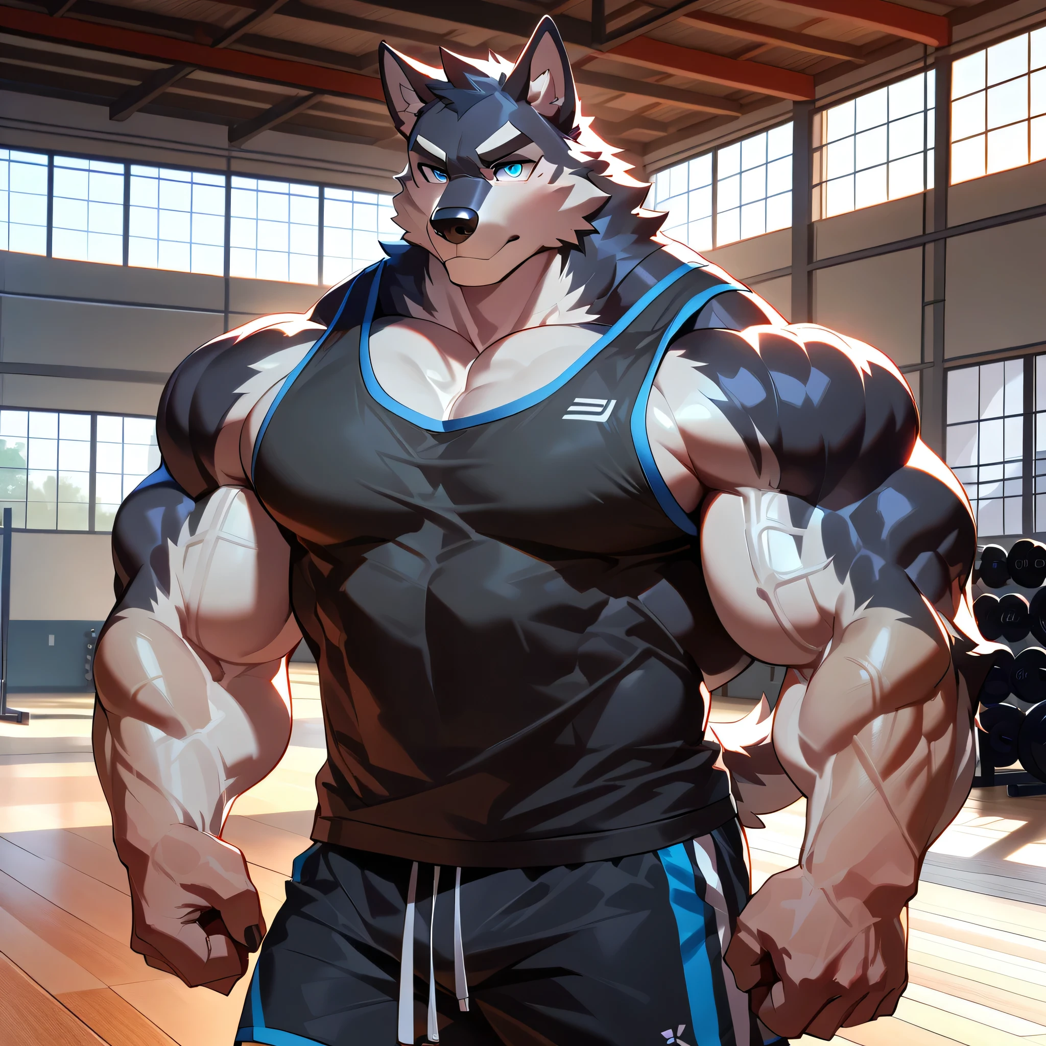 anime, strong, solo, 1boy, Muscular husky dog, (wide shoulder, pectoral, thick arms, huge pectoral, wide pectoral), working out in gym with gymnasium warehouse background, gym shorts, black tank top, grinding expression, added eyebrows, added eyes with blue pupil, gym background, masterpiece, semirealistic:1.2, high detailed, 8k, high resolution