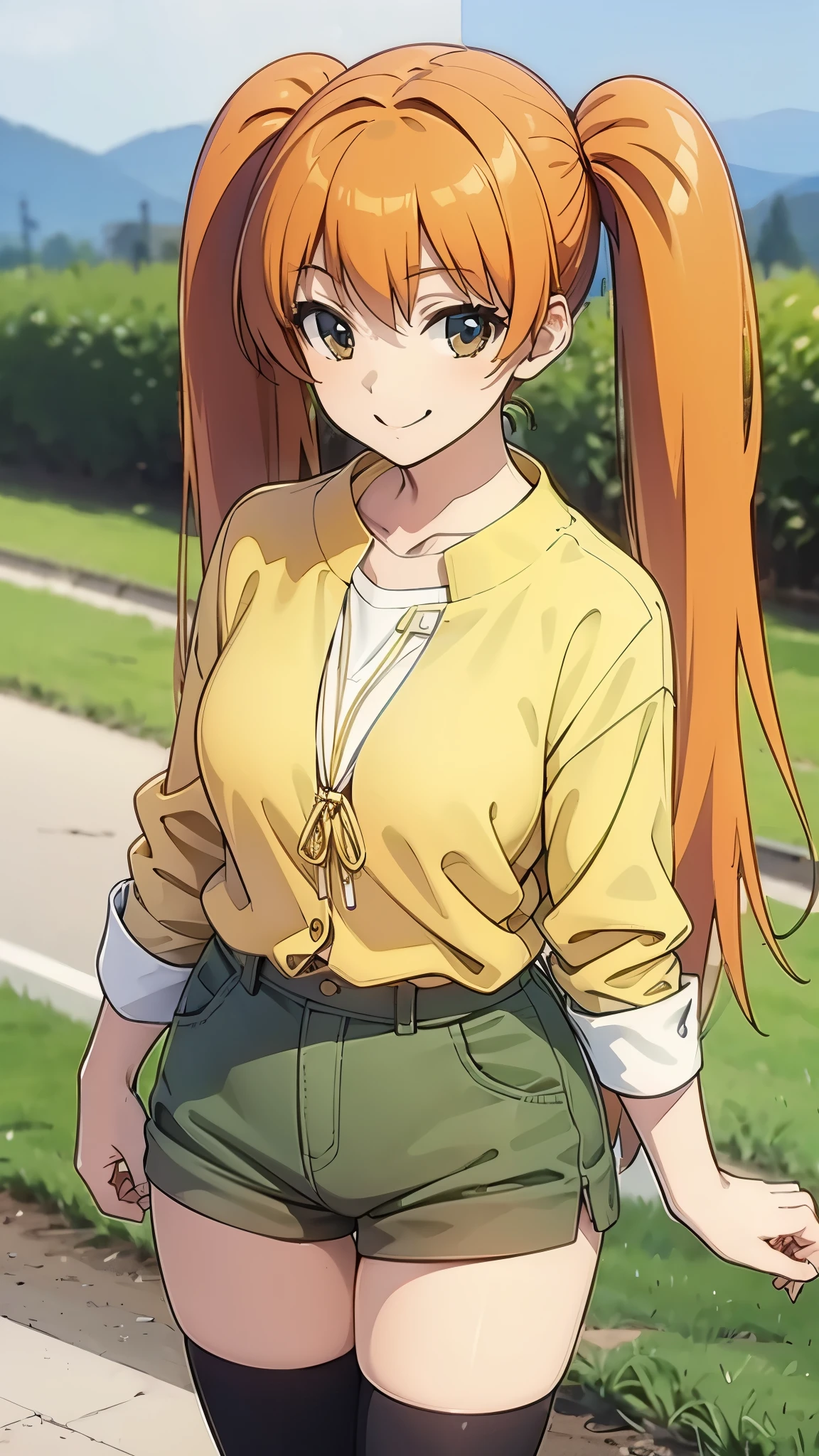 anime style, orange hair1:4, break high bridge1:8, BREAK super straight hair, BREAK black knee-high socks1:4 BREAK smile, BREAK long side twin tails1:6,BREAK yellow string bow1:2 break dark green shorts1:3, loafers1:2, standing, (best quality,4k,8k,highres,masterpiece:1.2),ultra-detailed,(realistic,photorealistic,photo-realistic:1.37),detailed face, detailed eyes, detailed lips, long eyelashes, extremely detailed facial features
