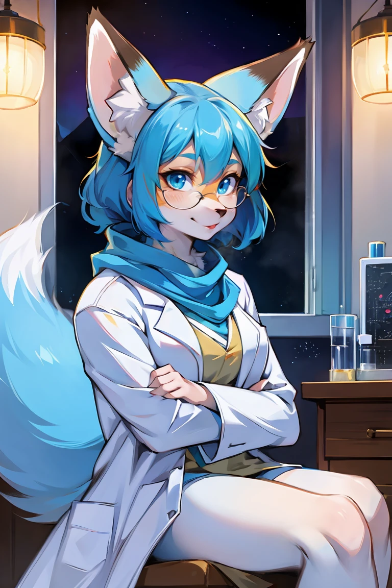 furry,fox_girl,Anime character with Arctic Fox ears wearing lab coat and blue scarf,Arctic Fox，Fluffy blue fur and blue tail, Half Framed Glasses ,穿着白大褂的Arctic Fox美女,  Fox House ， Laboratory Interior ,  Professional furry painting 