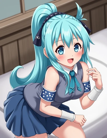 highest quality,very detailed,masterpiece,white shirt, pink mini skirt, frills, pink bow,flat chest, long hair, blue eyes, double bun, purple bow, blue hair, twin tails, hair between eyes, hair bow, eyebrows visible through hair,orgasm,topless,cum on chest,bare breasts,skirt lift,bottomless,pussy,1boy,vaginal,sex,woman on top