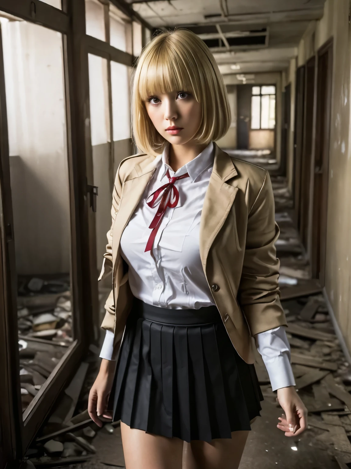 (highest quality:1.2, masterpiece:1.2), 8K, Professional Lighting, Cinematic Lighting, RAW Photos, Ultra-realistic photos, meikodef, ultra realistic & detailed portrait of Midorikawa Hana, (blonde hair, Trimming the bangs, Cutting the fringe, Evening out the bangs bob short), ((school jacket, brazer, neck ribbon, collared shirt, school uniform, skirt)), ((ultra realistic & detailed interior of narrow & abandoned corridor, in abandoned school, dark atmosphere)), ultra huge breasts, ultra huge cleavages, ultra huge tits, ultra huge boob, standing, (looking at viewer), cowboy shot, zoom out, 