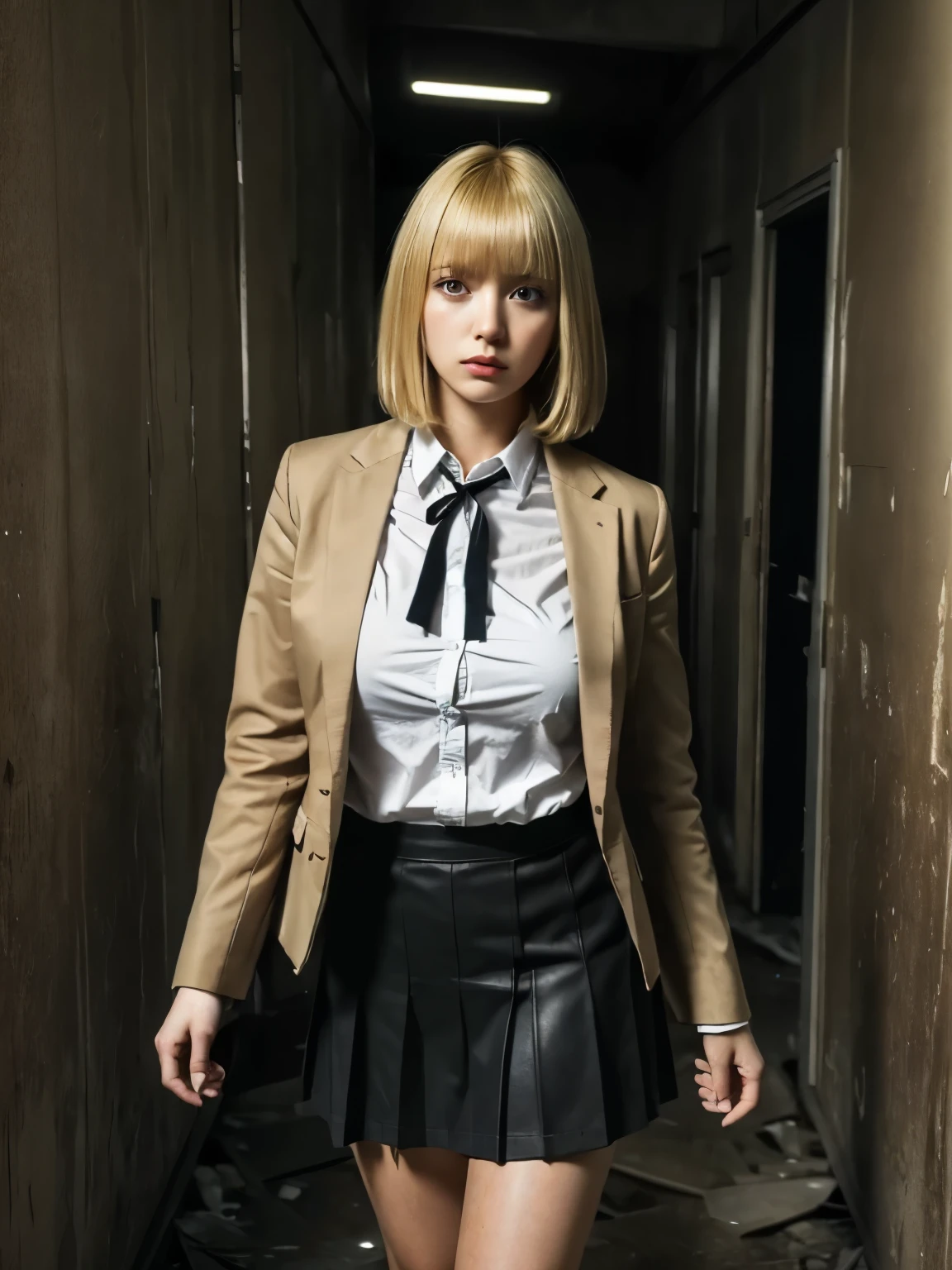 (highest quality:1.2, masterpiece:1.2), 8K, Professional Lighting, Cinematic Lighting, RAW Photos, Ultra-realistic photos, meikodef, ultra realistic & detailed portrait of Midorikawa Hana, (blonde hair, Trimming the bangs, Cutting the fringe, Evening out the bangs bob short), ((school jacket, brazer, neck ribbon, collared shirt, school uniform, skirt)), ((ultra realistic & detailed interior of narrow & abandoned corridor, in abandoned school, dark atmosphere)), ultra huge breasts, ultra huge cleavages, ultra huge tits, ultra huge boob, standing, (looking at viewer), cowboy shot, zoom out, 