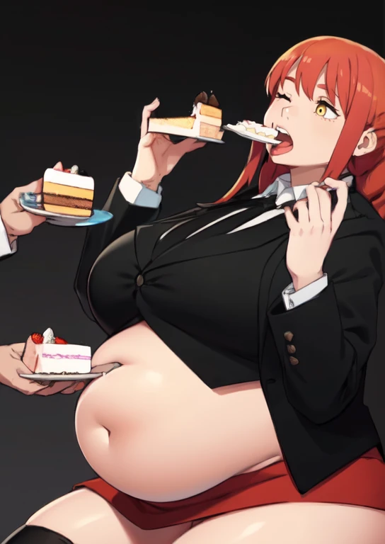 (masterpiece, best quality), 1girls, big belly, blurry background, huge belly, art by kipteitei, round belly, chubby, curvy, long hair, red hair, black mini skirt, thighhighs, simple_background, gradient_background, belly bursting out of black ,(((black suit jacket))), long sleeves, wearing a black tie, enormous belly, fat belly, thicc, bigger belly, really big belly, jiggly belly, giant huge belly, big enormous belly, ((((gigantic belly)))), bloated belly, fat belly, ginormous big belly, expanding big belly, sfw, safe for work, kneeling on bed, sfw (safe for work), makima, (((a person out of frame is feeding her cake, cake is being shoveled into her mouth, her lips are closed around a slice of cake, a platter of cake, she has her mouth open wide f))), sweating, blushing, (mouth open wide, she is saying aaah), ((her belly is being grabbed and played with by floating hands))