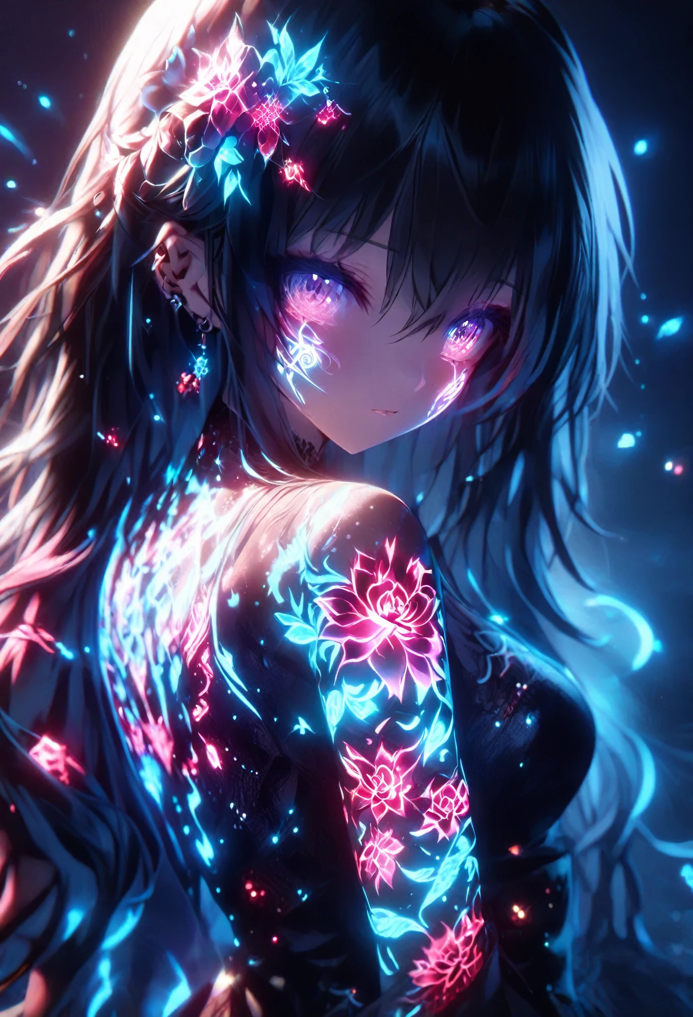   Anime Screenshot 、  artistic illustration of a female anime character adorned with glowing neon roses and energy tattoos、 her body and face 。 The tattoo on his arm is 、white, 虹とwhiteの光.、 Emits neon light。 That girl is long,  Flowing Hair 、  This scene has a dreamy soft focus effect .、 Enhances the dreamy glow of your tattoo.、