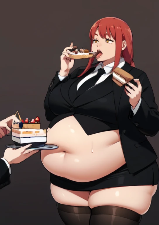 (masterpiece, best quality), 1girls, big belly, blurry background, huge belly, art by kipteitei, round belly, chubby, curvy, long hair, red hair, black mini skirt, thighhighs, simple_background, gradient_background, belly bursting out of black ,(((black suit jacket))), long sleeves, wearing a black tie, enormous belly, fat belly, thicc, bigger belly, really big belly, jiggly belly, giant huge belly, big enormous belly, ((((gigantic belly)))), bloated belly, fat belly, ginormous big belly, expanding big belly, sfw, safe for work, kneeling on bed, sfw (safe for work), makima, (((a person out of frame is feeding her cake, cake is being shoveled into her mouth, her lips are closed around a slice of cake, a platter of cake, she has her mouth open wide f))), sweating, blushing, (mouth open wide, she is saying aaah), ((her belly is being grabbed and played with by floating hands))