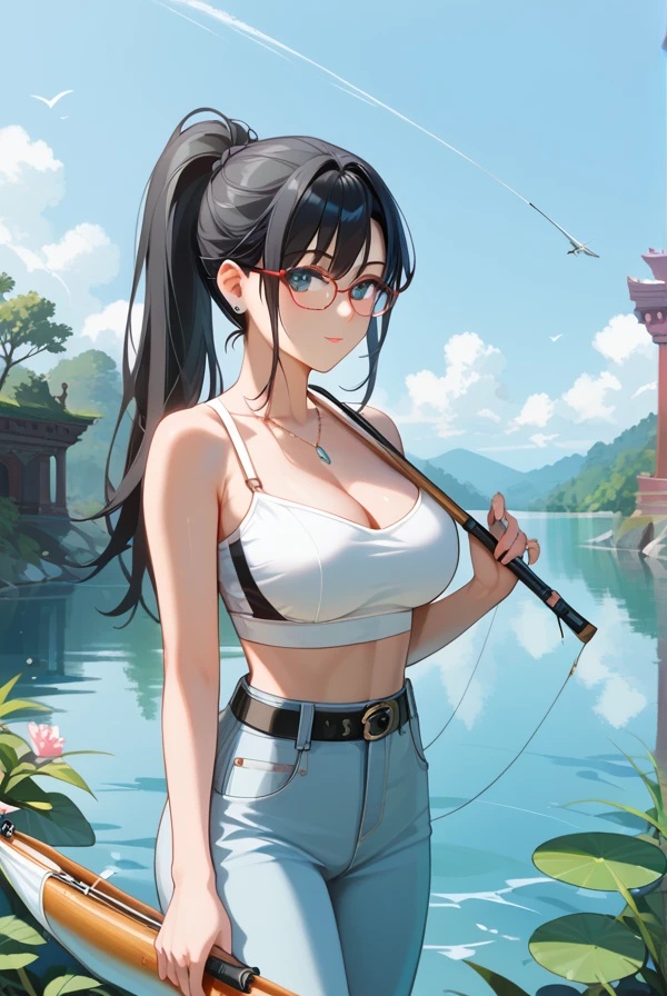  1 girl,Black Hair, long hair, ponytail,Glasses,river原,river,Clear Stream,fishing,魚fishing, big breasts at the temple,  high definition, accurate, masterpiece, 最 high quality,  high definition model with belt ,  high quality,  very detailed,  Ultra High Definition,  textured skin around the chest, 