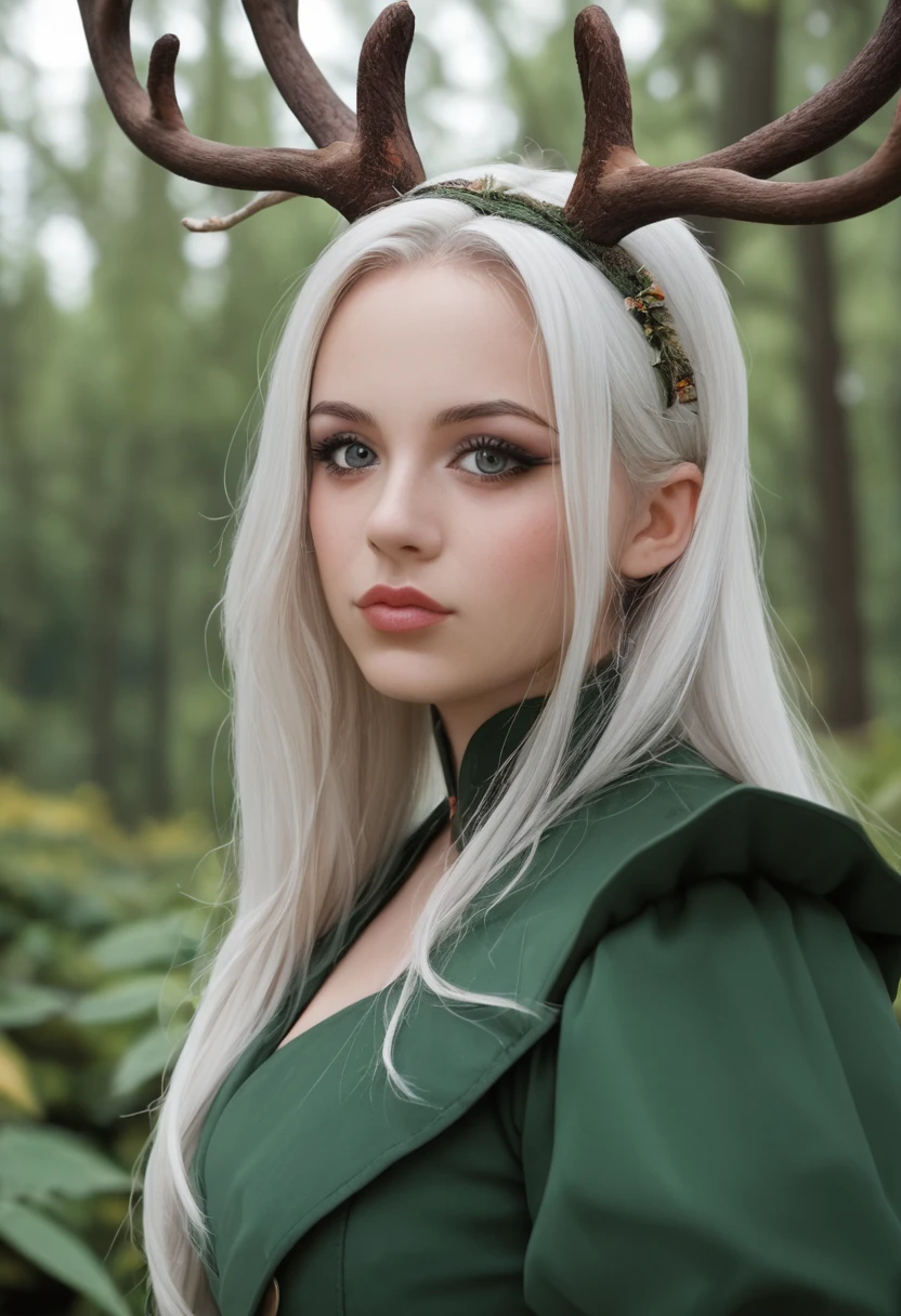 ArsMovieStill, 80s Fantasy Movie Still, The image is a portrait of a woman with long blonde hair and a crown of antlers on her head. She is standing in a forest-like setting with trees and bushes in the background. The woman is wearing a dark green outfit with intricate details and her face is painted with white and black makeup. The antlers are made of leaves and branches and the crown is made up of multiple large antlers. The overall mood of the image is dark and eerie., 1girl, solo, long hair, white hair, colored skin, antlers, blurry background, upper body, blurry, lips