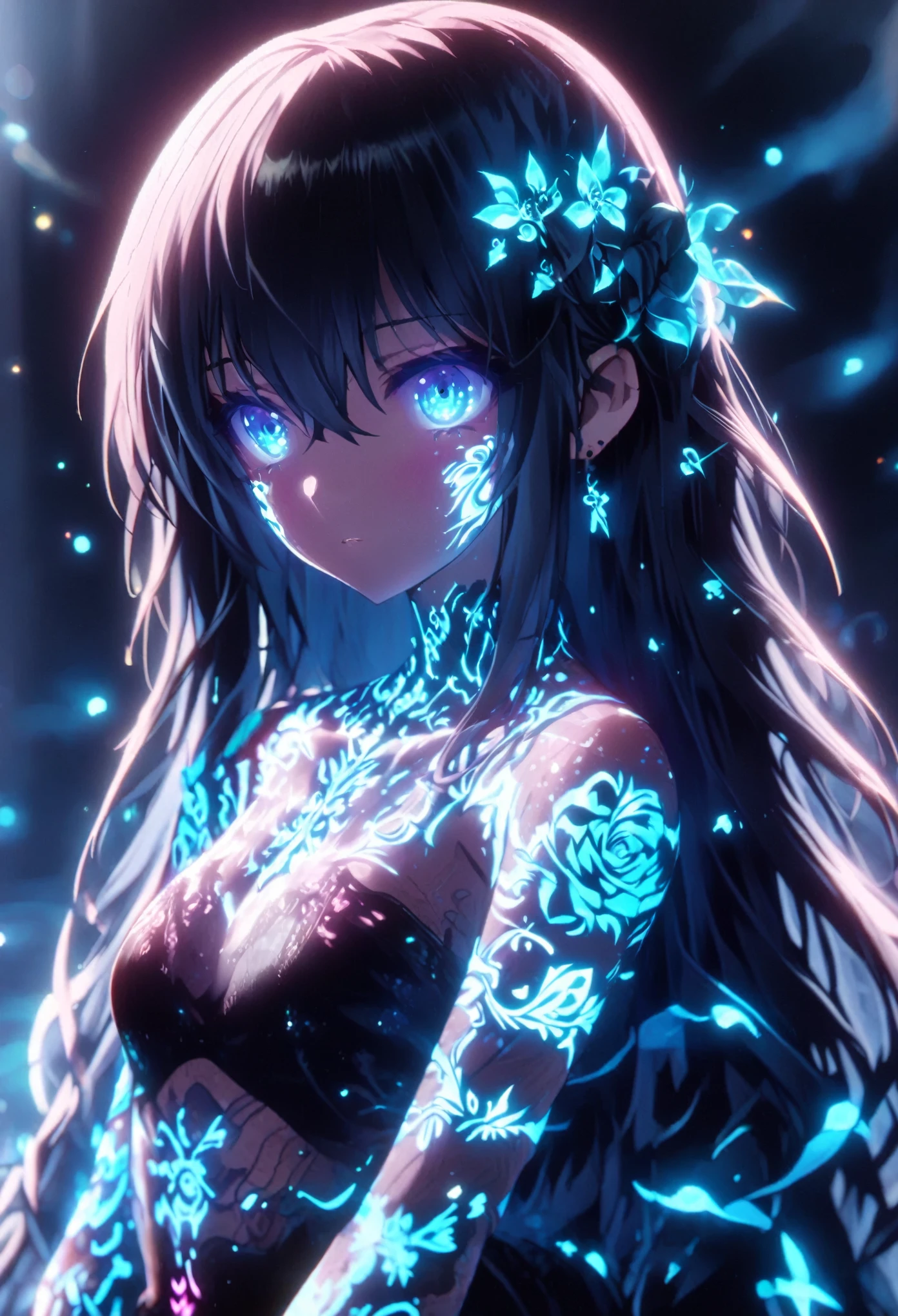 Anime Screenshot, artistic illustration of a female anime character adorned with glowing neon roses and doragon energy tattoo, The tattoo on her body and face, white, 虹とwhiteの光, Emits neon light, That girl is long, Flowing Hair, This scene has a dreamy soft focus effect, Enhances the dreamy glow of your tattoo