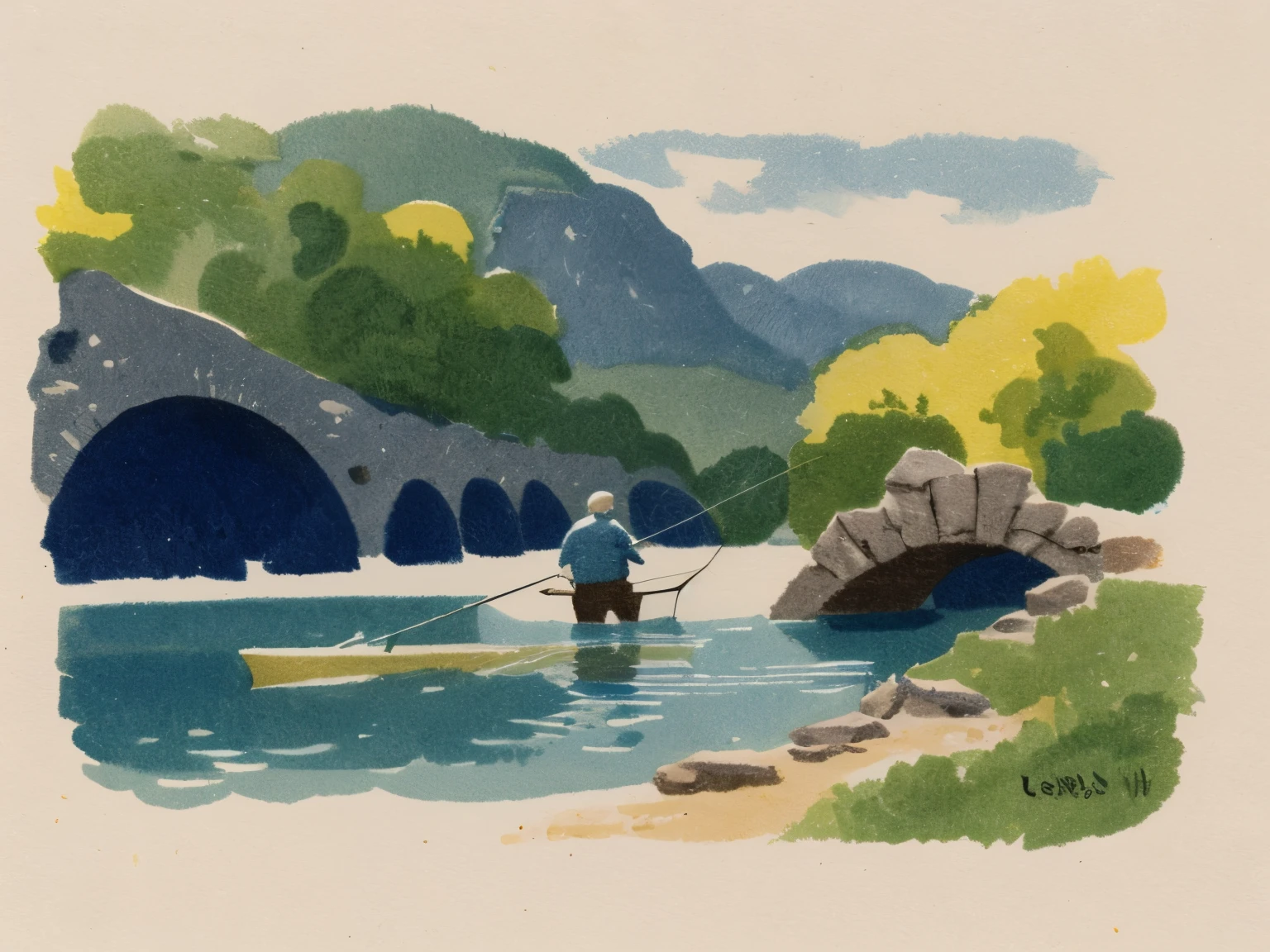 A detailed watercolor of an old man fly fishing in a river below an old stone bridge. Lovely Masterpiece, lovely composition, FML, watercolor, landscapes, nature, outdoors, art, style