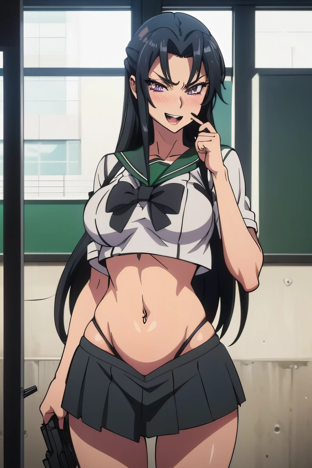  black hair long hair, purple eyes, black pupil, large breast, blush, lipstick, Hot girl, baddie, staring, glaring, bad attitude, mean girl, crazy, smoking, sensual, attractive, masterpiece, best quality, highly detailed, a anime girls in sailor uniforms with a gun posing for a picture, evil smile, smile, open mouth,black_serafuku, ecchi anime style, anime girls , (nsfw) not safe for work, ecchi style, ecchi, shipgirls, digital anime art!!, high school girls, holding a gun, hold a gun, anime style 4 k, micro skirt, exposed belly, exposed navel, exposed midriff, holding pistol,underboob, exposed lower belly,school, classroom, navel piercing