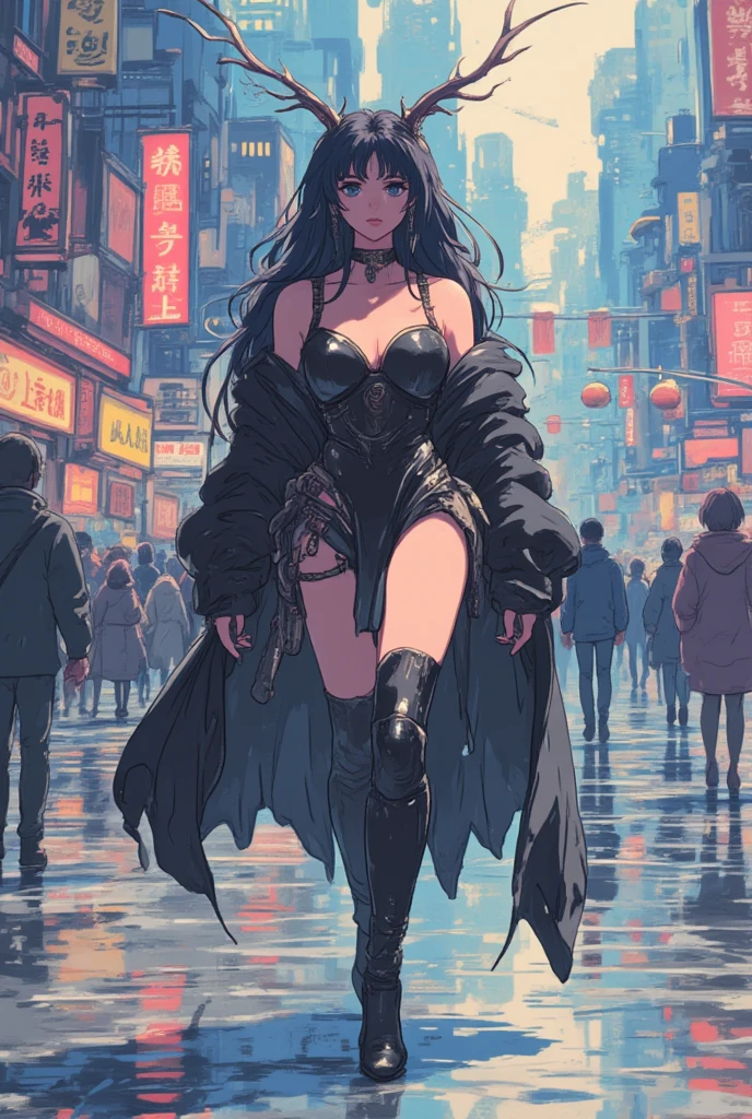 devil, 1girl, white hair, shor hair, walking in the city ,wide shot, intricate art work, detailed illustration,