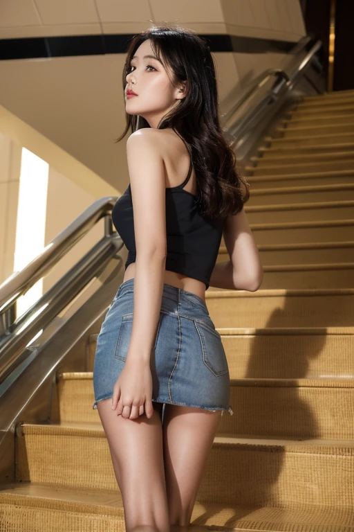 ((Best Quality)), ((傑Best Quality、masterpiece、High sensitivity、 high definition、 Detailed Description 、 Delicate Face Description )), Slender woman、angle： from behind escalator、Looking up 、 Mini Skirt Thighs 、 Woman behind 、 beautiful feet、