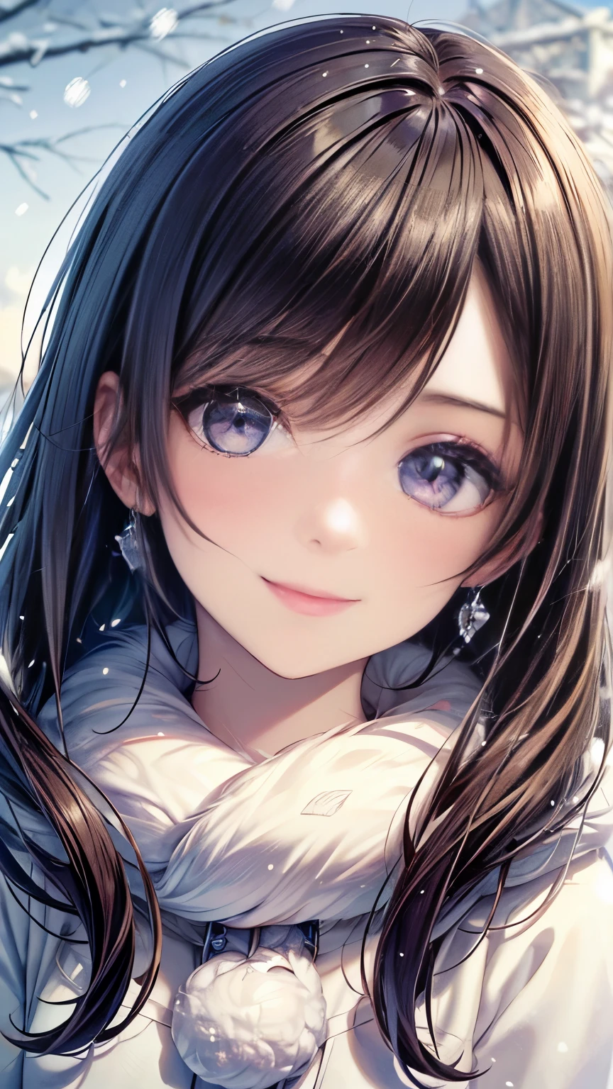 (( ultra high resolution，masterpiece:1.2))，(( Highly Detailed Art ))，((Unity 8K quality ))， bust up，(( Very Beautiful 22 Year Old Girl ))， Brown Wave Long Hair， very cute girl，Cute face，Beautiful eyelashes，Double eyelids， outer corners of eyes are lowered ， very cute smile ，A soothing expression， Clear Purple Eyes ， Looking Sideways ， natural makeup，Glossy lips， Shy and Happy Expression ，Spoiling expression ， it's snowing， White Fluffy Muffler ， fluffy coat，Stylish Earrings ， Smooth Hair Texture ，Delicate skin texture， Detailed Eye Pixels ， Extremely Detailed Details ， Professional Writing， Professional Lighting 