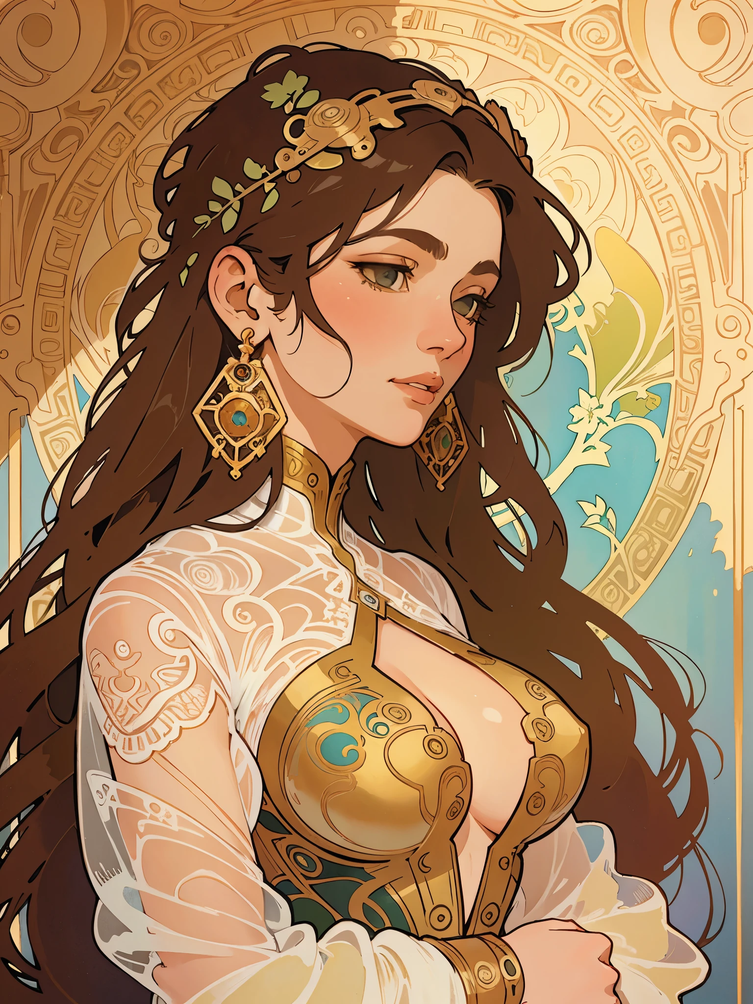 ((masterpiece)), (best quality), (cinematic), art nouveau style watercolor painting , the Goddess of the Bird, large breasts, big eyes, long thick eyelashes, cleavage, full lips, long thick hair, high ponytail, accessories, flower_background, featuring intricate designs and patterns in the style of Alphonse Mucha.