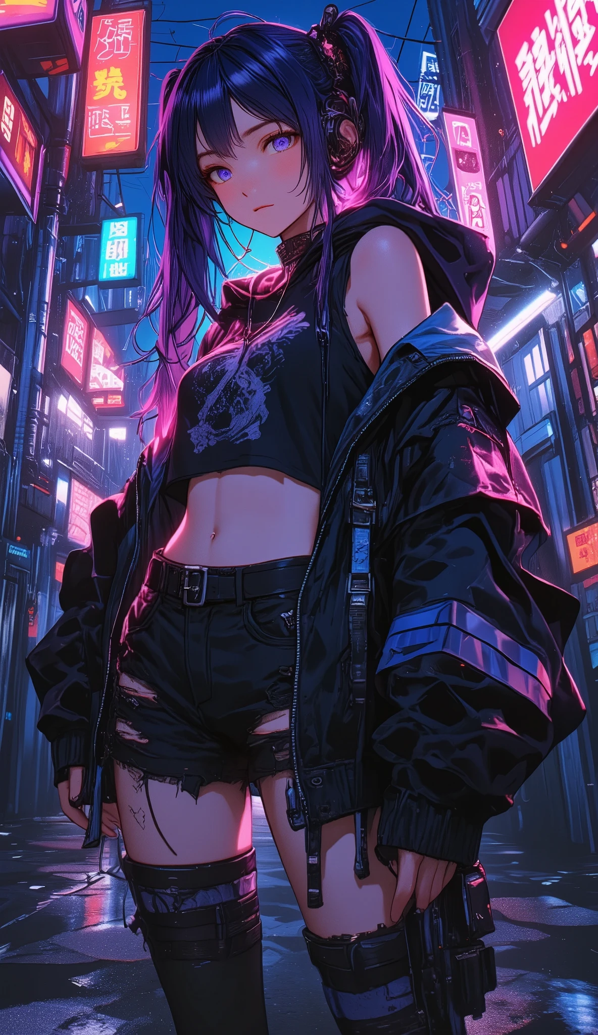 a woman with long hair and a jacket on posing in a city, Cyberpunk Anime Girl with Hoodie, urban girl fan art, torn clothes,  Anime style, beautiful Arte digitalwork, Style Ross Tran, sujetador y pantalones cortos streetwear, arte digital. @mariomaniacdude, realistic anime 3D style, vibrant Rossdraws cartoons , with the navel exposed , anime vibes. bottom\(In the alley,Harajuku\(,Japan\),por la noche,Dark\).quality\(8K,wallpaper of extremely detallado CG unit, alta resolución, top-quality, top-quality real texture skin,  hyperrealistic ,  increase the resolution , RAW photos, best quality, highly detailed, The wallpaper ,Proporción áurea,  high saturation realism  ,  vibrant colors ,  dramatic lighting ,  Persuasive storytelling ,  atmospheric scenery , Captivating images,  intricate details , strong emotions,dream world\).landscape