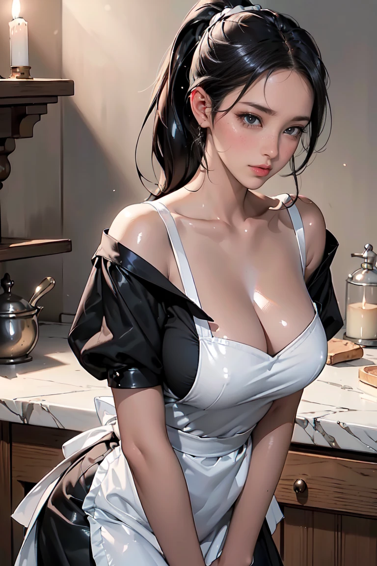 ((masterpiece、highest quality、realistic、Super detailed、High resolution、Photoreal、sharp focus, 8k)), (Face_to_below_knee:1.35, from front, looking down), (((In a dark, candlelit kitchen of a medieval mansion on a dark night, a beautiful 20-year-old maid stands with her hands folded and a sad expression on her face, tearing up face))), night, dark, mansion kitchen background, With an oval face and symmetrical facial structure, medium breasts, (((large ass, sexy, black maid|off-shoulder shirt, black microskirt, white maid apron, black Pantyhose, cleavage))), Big eyes, brown eyes, (high ponytail, black hair), soft skin, white arms, high color saturation, detailed hand drawn,(body blush:1.35, blush:1.2), ((slender beautiful body shape)), (((shiny skin:1.37))), dramatic shadow, korean idol,black hair,beautiful girl,skistyle,oda non