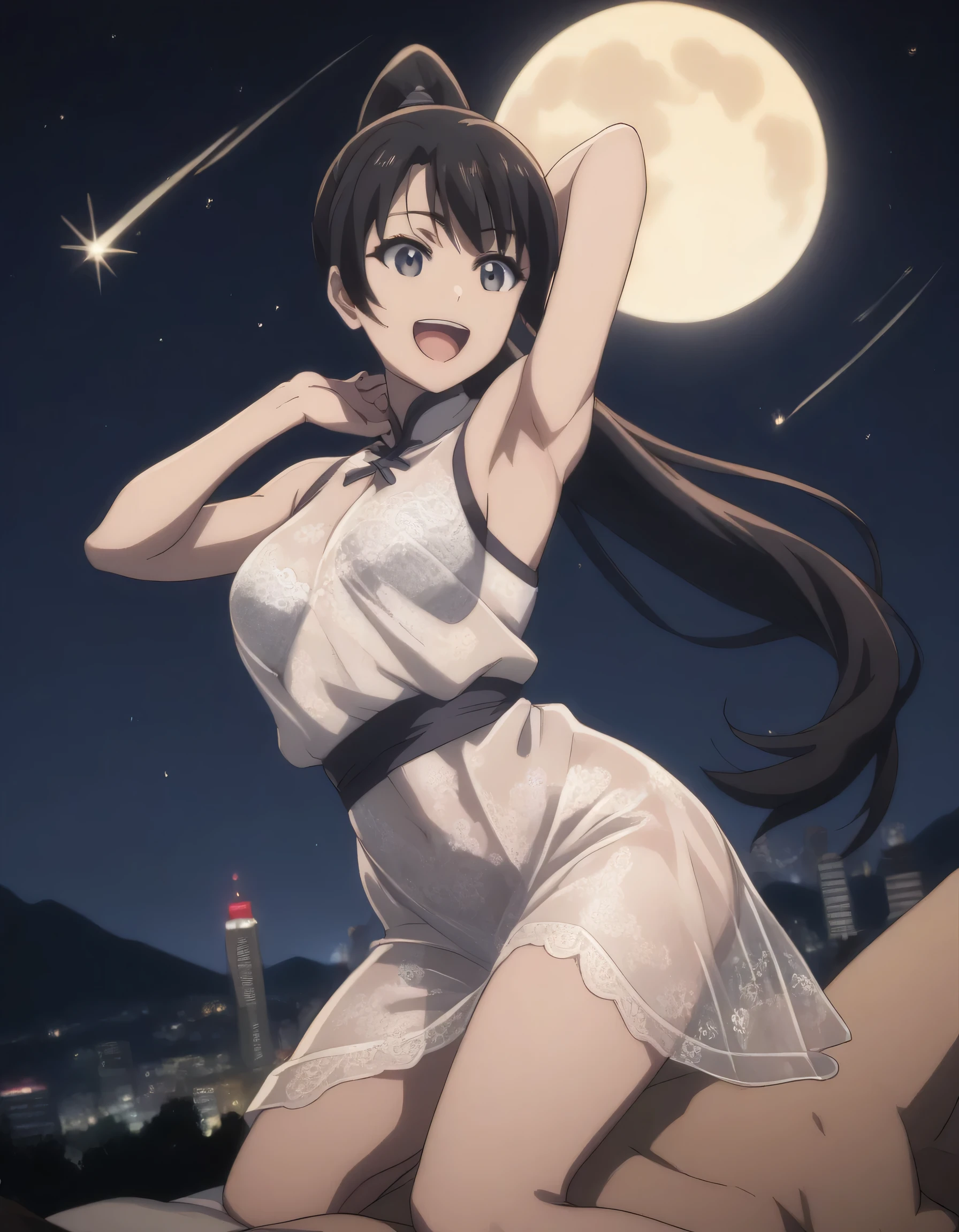 score_9, score_8_up, score_7_up, gsfghtr, long ponytail hair, black hair, Transparent Lace Dress, 1girl, sweet smile, open mouth, night, on top of mountain, city view, moon, shooting stars, armpit