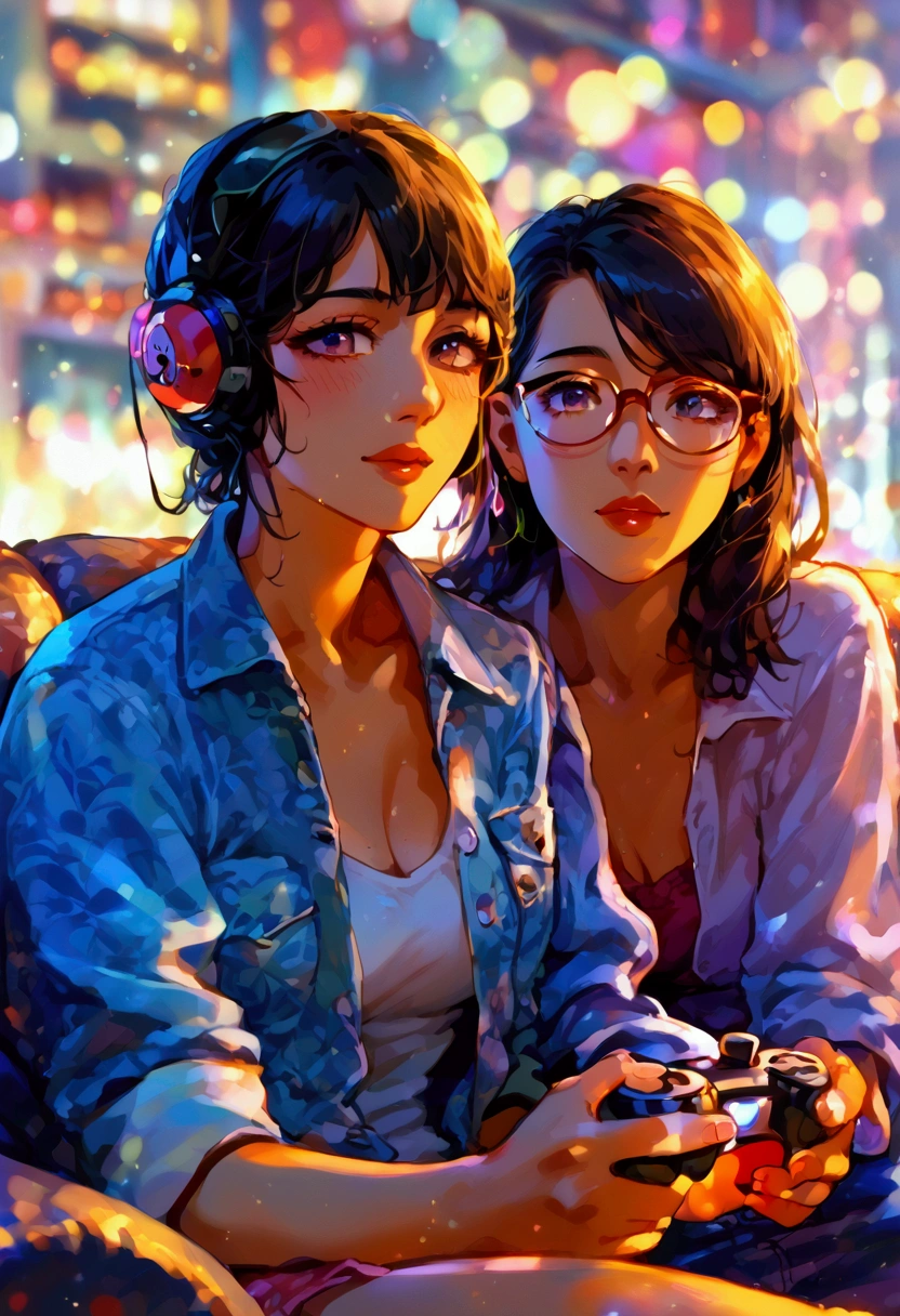   A teenager playing video games with her mature aunt sitting on the couch,    aunt dressed in provocative clothes    ( 2D anime style ) .