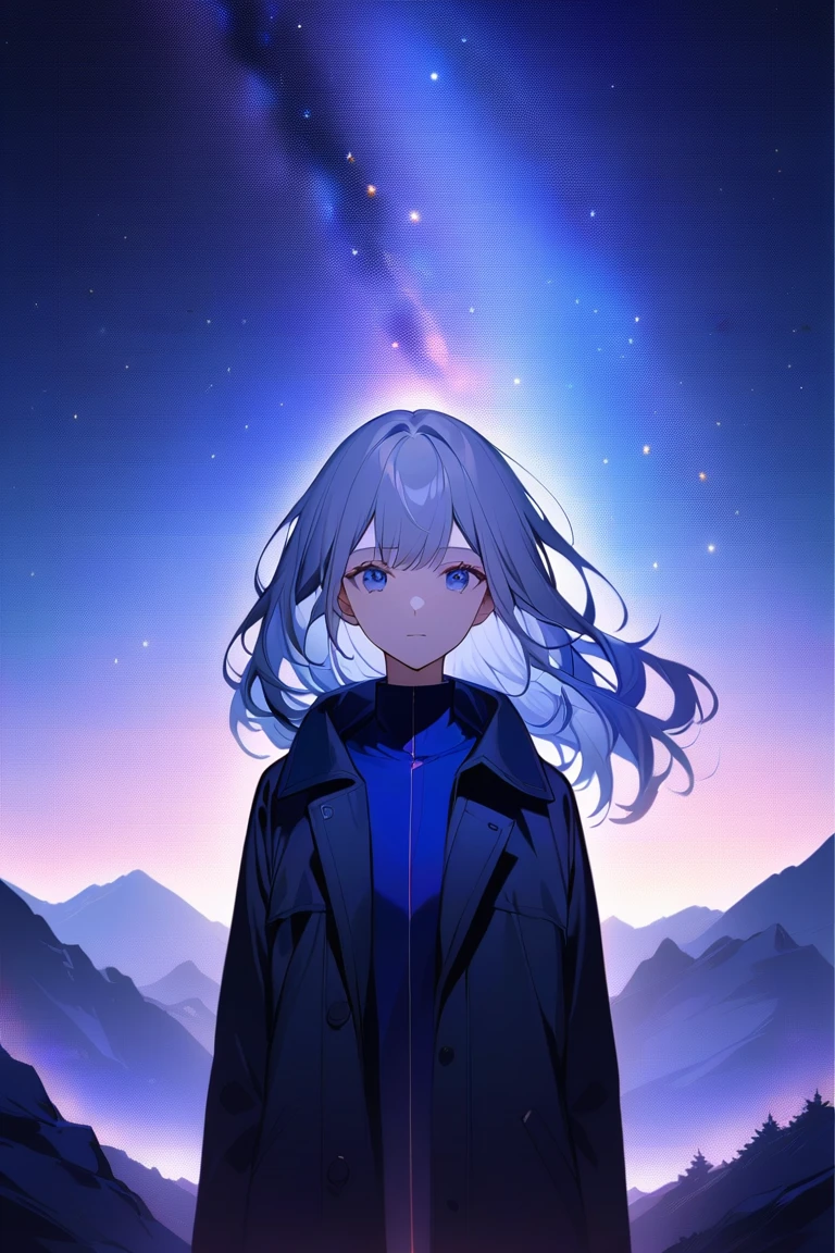 Create an anime-style portrait of a young woman with white or silver hair, standing against a backdrop of a stunning night sky filled with stars and a vibrant galaxy. Her hair should be slightly tousled, with some strands glowing from the starlight. She wears a dark, stylish coat, and her expression is calm and introspective. The background should showcase a vast, cosmic landscape with purple and blue hues, with faint mountain outlines below, adding depth to the scene. The atmosphere should feel serene and slightly mystical, with soft lighting highlighting her face and hair."