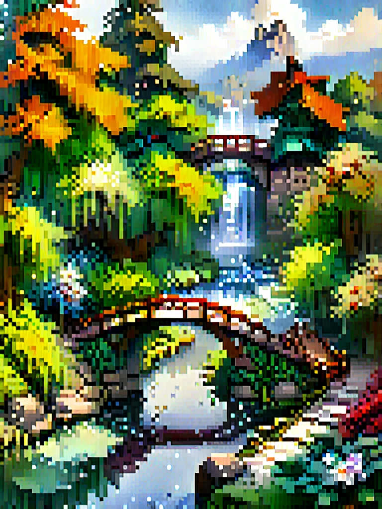 here is a painting of a bridge over a river with trees, pixel art, blue sky