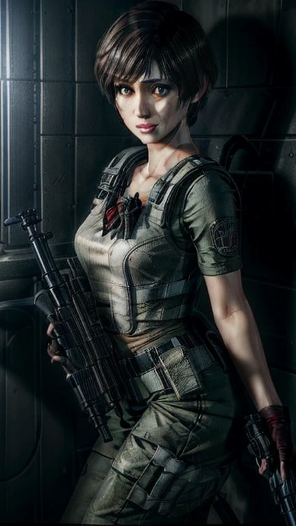 Masterpice, Resident evil, beautiful Rebecca Chambers, full body, beautiful eyes, gun in her hand, gorgeous face