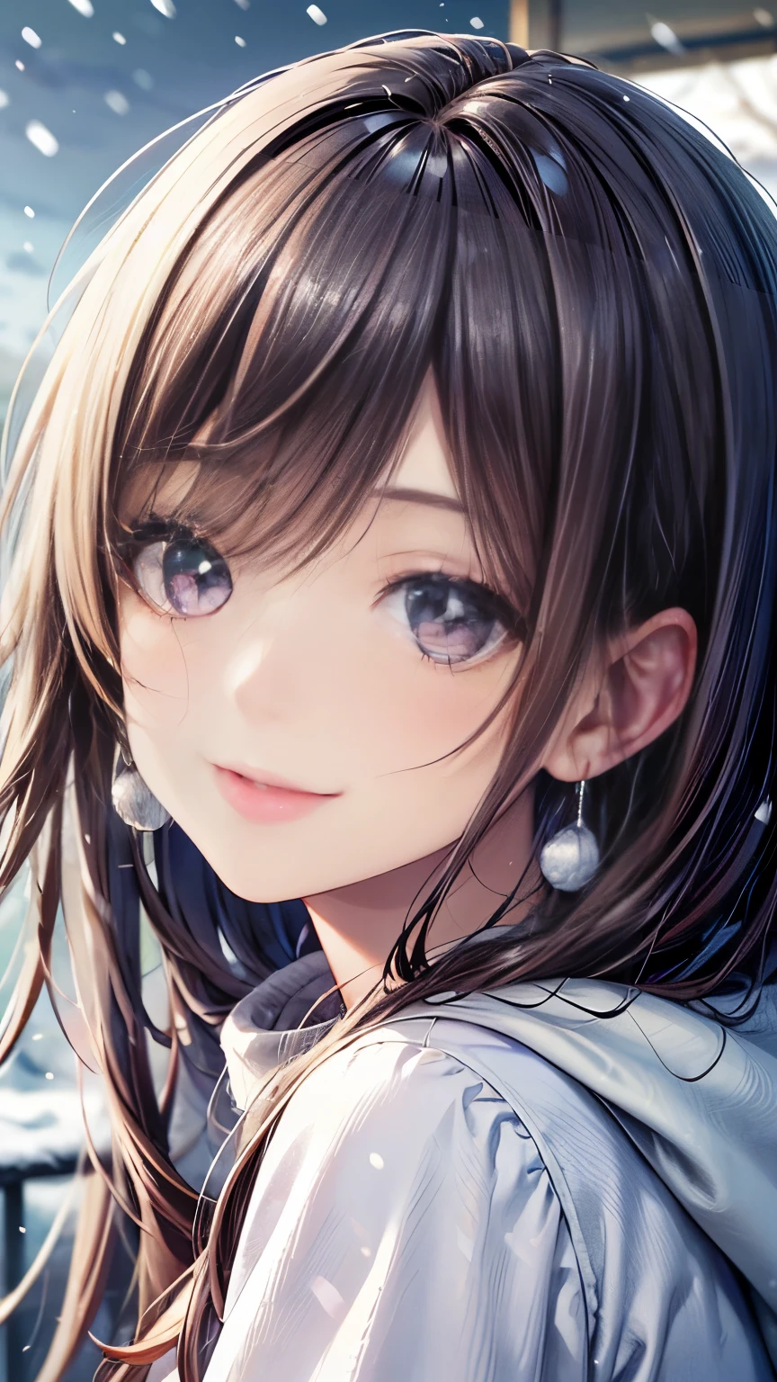 (( ultra high resolution，masterpiece:1.2))，(( Highly Detailed Art ))，((Unity 8K quality ))， bust up，(( Very Beautiful 22 Year Old Girl ))， Brown Wave Long Hair， very cute girl，Cute face，Beautiful eyelashes，Double eyelids，(( smile with the outer corner of the eye lowered))， very cute smile ，A soothing expression， Clear Purple Eyes ， Looking Sideways ， natural makeup，Glossy lips，((Shy and happy ))，Shut your mouth.，Lift your chin a little， it's snowing， White Fluffy Muffler ， fluffy coat，Stylish Earrings ， Smooth Hair Texture ，Delicate skin texture， Detailed Eye Pixels ， Extremely Detailed Details ， Professional Writing， Professional Lighting ，Look to the side