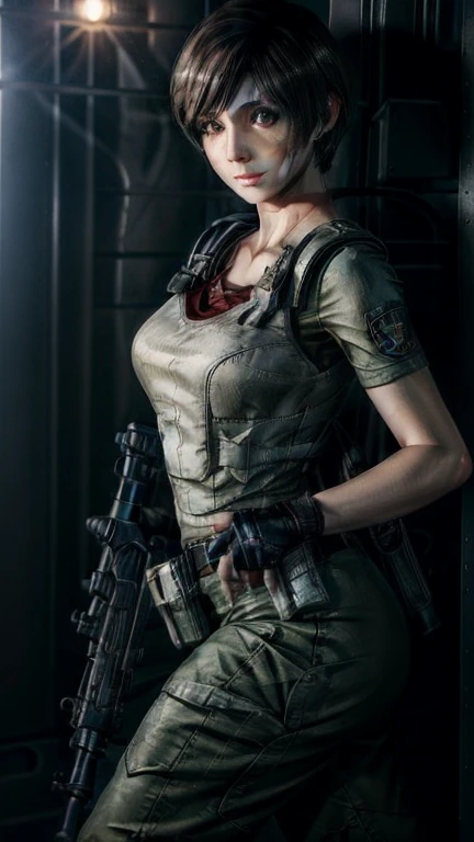 Masterpice, Resident evil, beautiful Rebecca Chambers, full body, beautiful eyes, gun in her hand, gorgeous face, huge fake silicon breasts 