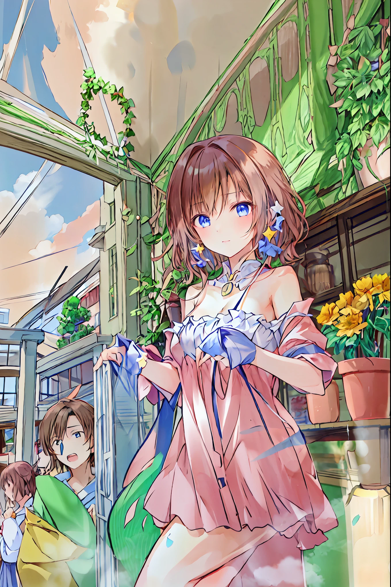 one girl playing pranks, Alone, Brown Hair, shortcuts,My hair is messy, Short braided hair ,Neat,Slender beauty,Dignified posture,Small breasts, beautiful legs with tails,魅惑的なグレーブルーの目はstarのように輝いている, bright color, beautiful eyes,A delicate smile, Wrinkled Skin ,The best品質、The best, gentle and beautiful woman , anime style, Long Sleeve , at dawn, null, shorts, barefoot, cloud, indoor, pillow, books, barefoot, Bed with window , Knight , on the bed, plush, moon, plush, curtain, star (null), Knight null, mechanical, starry null, bubble, teddy bear, pajamas, clock, books, lamp, bedroom, crescent moon, ,
