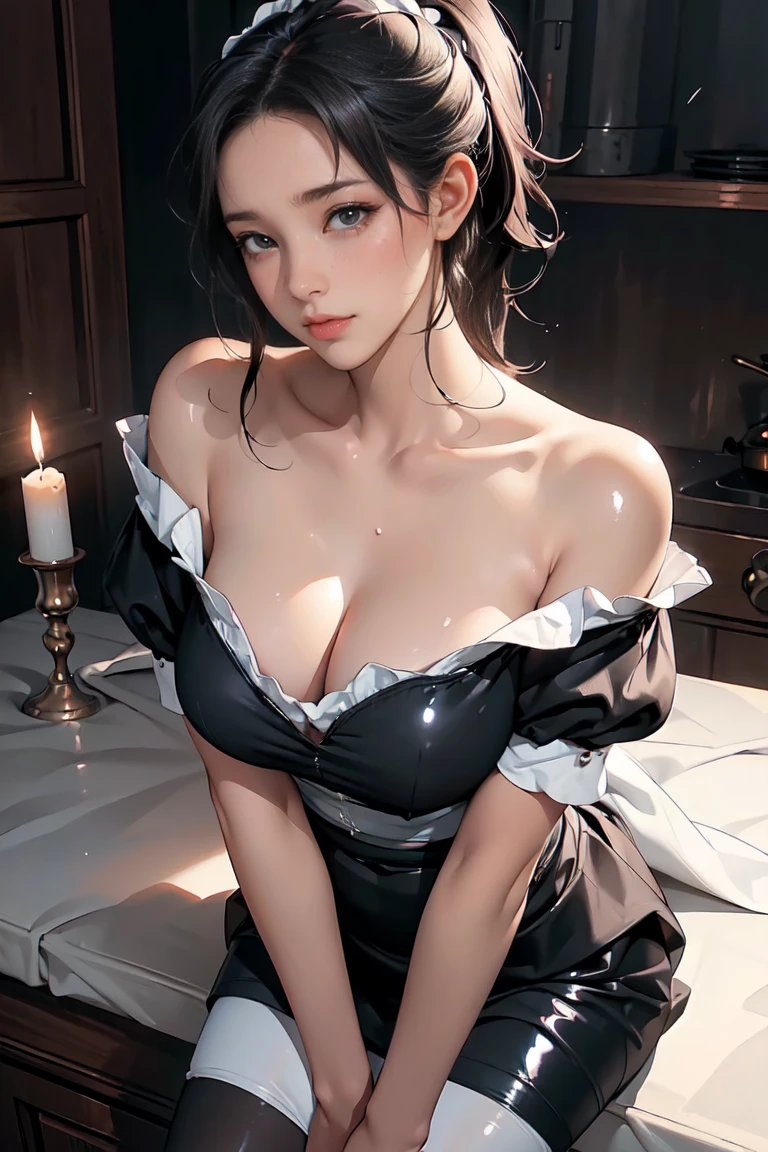 ((masterpiece、highest quality、realistic、Super detailed、High resolution、Photoreal、sharp focus, 8k)), (Face_to_below_knee:1.37, wide shot, from front, looking down), (((In a dark, candlelit kitchen of a medieval mansion on a dark night, a beautiful 20-year-old maid stands with her hands folded and a sad expression on her face, tearing up face))), night, dark, mansion kitchen background, With an oval face and symmetrical facial structure, medium breasts, (((large ass, sexy, black maid|off-shoulder shirt, black microskirt, white maid apron, black Pantyhose, cleavage))), Big eyes, brown eyes, (high ponytail, black hair), soft skin, white arms, high color saturation, detailed hand drawn,(body blush:1.35, blush:1.2), ((slender beautiful body shape)), (((shiny skin:1.2))), dramatic shadow, korean idol,black hair,beautiful girl,skistyle,oda non