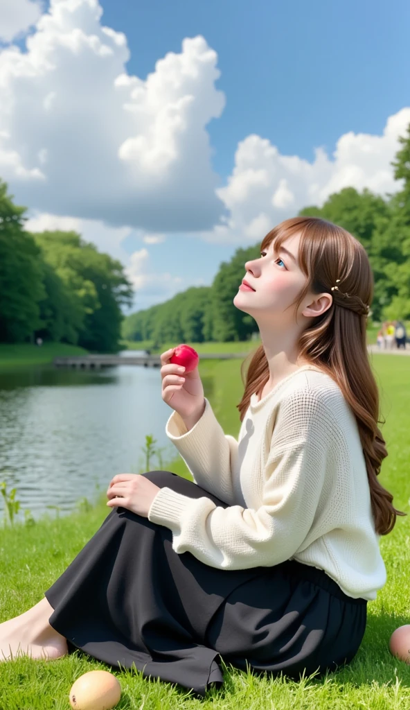 ((( sitting on a bench and looking up at the sky :1.37、 girl is sitting on the floor and looking up at the sky in response to a very detailed face:1.2、 Look at the sky :1.37)))、 one girl playing pranks、 Extremely Delicate Face and Skin Textures、 white summer knitwear 、 black long skirt 、Everyday Scenes、、Perfect harmony with nature 、Relaxation、(((Riverside park、Blue Sky、 White Clouds 、Summer Day)))、Young people、Age 15、fruit、Best Quality、masterpiece