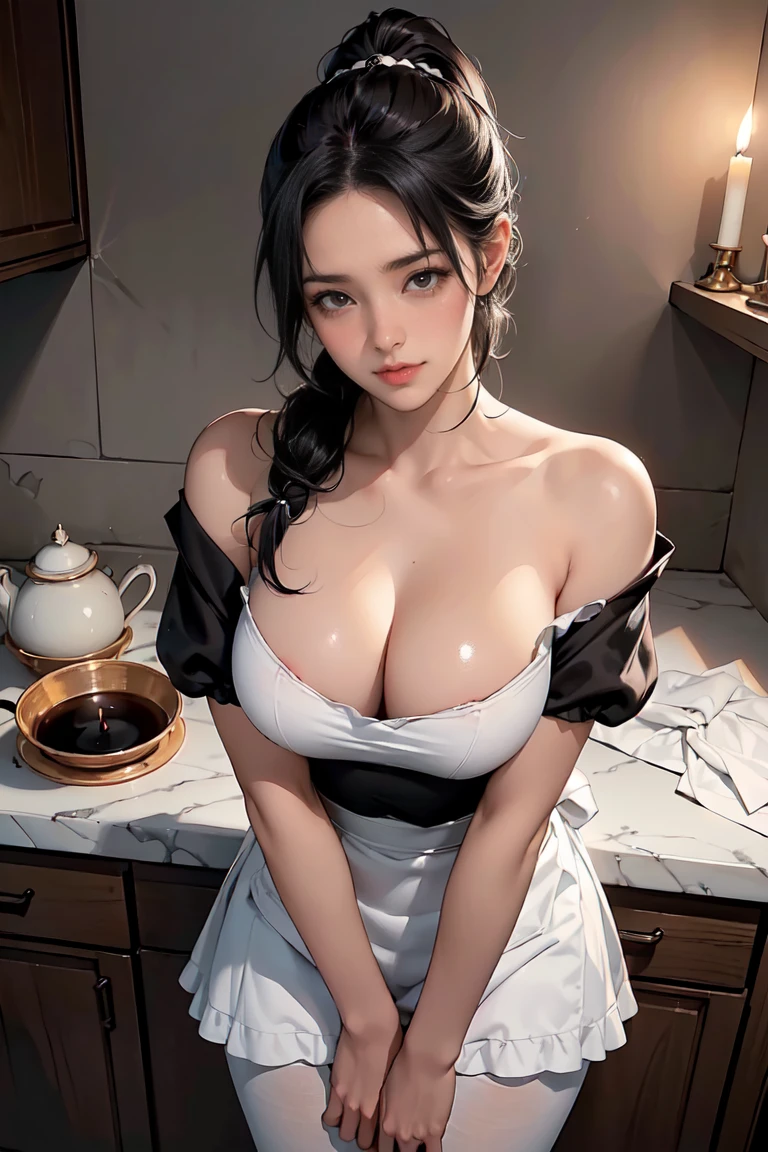 ((masterpiece、highest quality、realistic、Super detailed、High resolution、Photoreal、sharp focus, 8k)), (Face_to_below_knee:1.37, wide shot, from front, looking down), (((In a dark, candlelit kitchen of a medieval mansion on a dark night, a beautiful 20-year-old maid stands with her hands folded and a sad expression on her face, tearing up face))), night, dark, mansion kitchen background, With an oval face and symmetrical facial structure, medium breasts, (((sexy, black maid|off-shoulder shirt, black microskirt, white maid apron, black Pantyhose, cleavage))), Big eyes, brown eyes, (high ponytail, black hair), soft skin, white arms, high color saturation, detailed hand drawn,(body blush:1.35, blush:1.2), ((slender beautiful body shape)), (shiny skin:1.2), dramatic shadow, korean idol,black hair,beautiful girl,skistyle,oda non