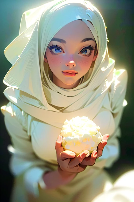 1girl, beautiful, kale.  wearing white hijab, wearing white muslim bridal dress, medium shapely breasts, (photo realistic, top quality, masterpiece, best quality, high resolution, ultra details, extreme quality, sharp focus, soft lighting, dim lighting, best quality, hyper detailed: 1.69)