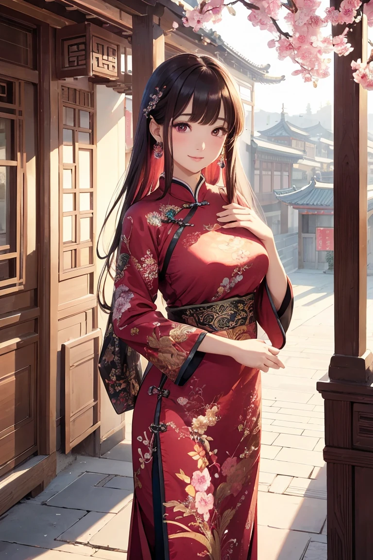 Mature Woman Wearing a red Chinese dress、肉まんを作っているMature Woman Large Breasts Black Hair Bun Hair