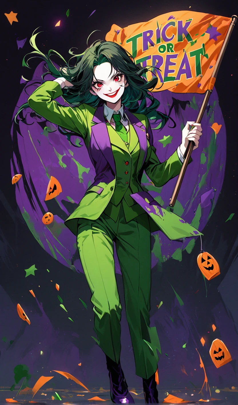 Full body zoomed out illustration of a beautiful JOKER woman with long wavy black hair with green hair extension and red eyes, wearing a purple and green suit, unhinged smile, holding up a toy pistol from which a flag comes out written "Trick or treat", dark detailed background, messy brush strokes 