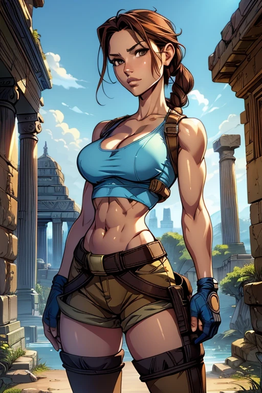 Lara Croft,(Standing:1.4), (blue top:1.2), cleavage, slim athletic physique, navel, thighs, slim waist, wide hips, wearing brown shorts, boots, knee pads, ancient temple,, white skin, dark auburn hair, brown eyes, big eyes, beautiful face, beautiful detailed eyes, beautiful detailed lips, puffy lips, beautiful detailed nose,, Anime art style 