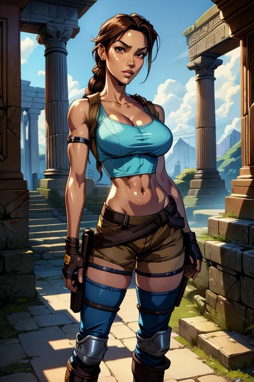 Lara Croft,(Standing:1.4), (blue top:1.2), cleavage, slim athletic physique, navel, thighs, slim waist, wide hips, wearing brown shorts, boots, knee pads, ancient temple,, white skin, dark auburn hair, brown eyes, big eyes, beautiful face, beautiful detailed eyes, beautiful detailed lips, puffy lips, beautiful detailed nose,, Anime art style, james lemay art style 